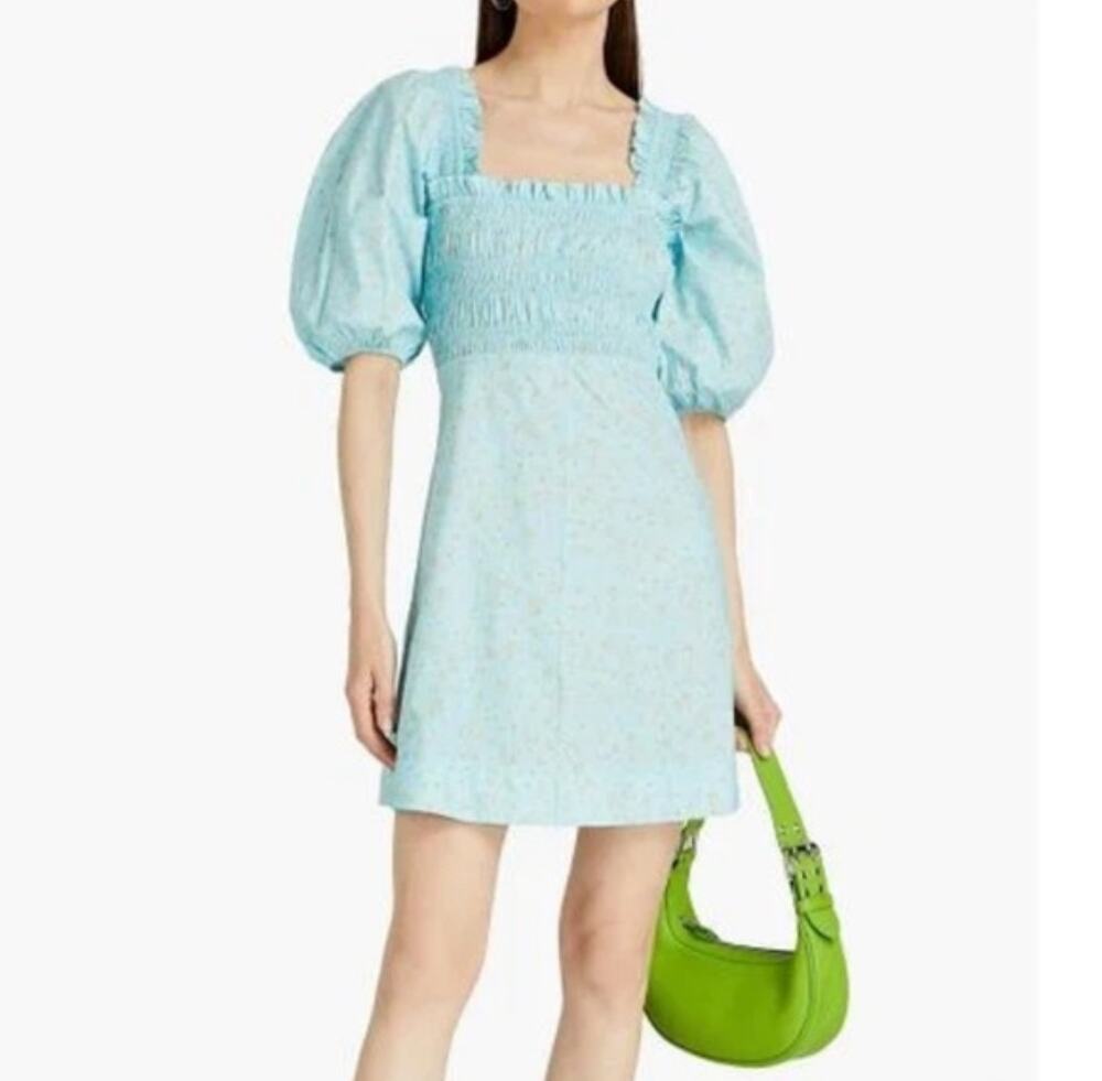 Ganni Blue Organic Cotton Poplin Puff Sleeve Ditsy Floral Mini Dress EU40/ US10